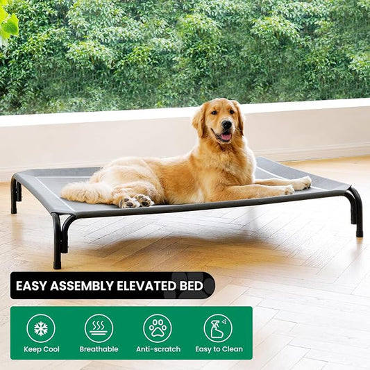 Elevated Dog Bed Raised Outdoor Dog Cot for Extra Large Dogs, Installation Requires No Tools, Frame with Washable Cooling Breathable Mesh Anti-Slip Feet, Indoor Pet Bed, Grey, 53.9 Inches