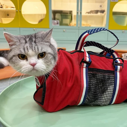 Cinf Cat Nail Clipping Cleaning Grooming Restraint Bag (Free Muzzle) No Scratching Biting for Bathing Nail Trimming Injecting Examining((Red USA Flag,M)
