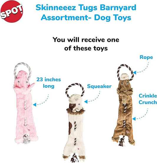 SPOT Skinneeez Barnyard Tug Dog Toy - Rope Design for Strong Chewers, Squeaker & Crinkle, Stuffing-Free, Tug Toy for Medium to Large Dogs & Puppies -23 inch, Style Varies