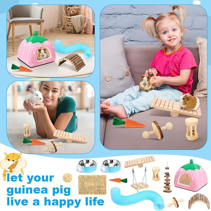 Youyole 13 Pcs Guinea Pig Starter Kit Hamster Toys Bed Guinea Pig Cage Accessories with Tunnel Grass Mats Pet Food Bowl for Christmas Chinchillas Hedgehogs Ferrets Rabbit Hideout Essentials(Pink)