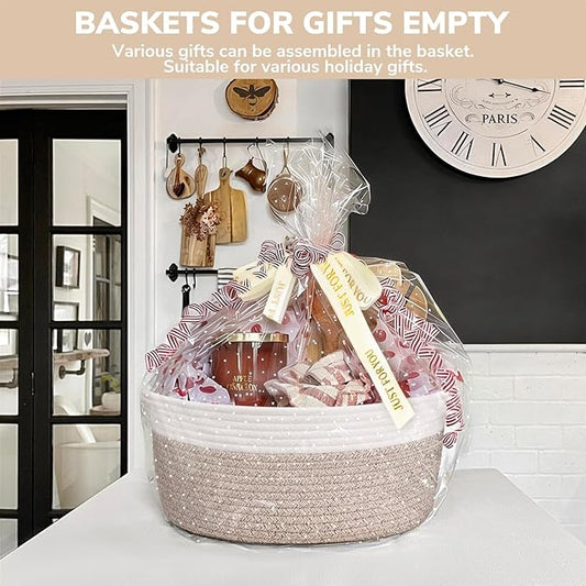 CHICVITA Gift Basket Empty to Fill, Woven Baskets for Storage, Rope Decorative Baskets with Gift Bags & Ribbon for baby girl, Dog Toy Storage, 13.6"x 10" x 6", Brown