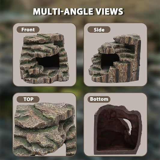Resin Reptile Cave Hideout, Rock-Style Basking Platform, Aquarium and Terrarium Decor, Ideal for Reptiles, Amphibians and Fish