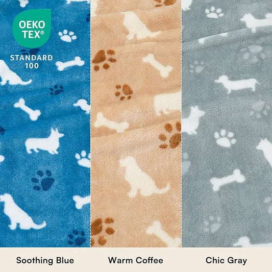 Luciphia 3 Pack Dog Blankets, Soft Fleece Puppy Blanket with Cute Bone Print, Cozy Pet Throw Blanket for Crate Couch Bed Travel, Machine Washable, Blue/Grey/Khaki,30x20