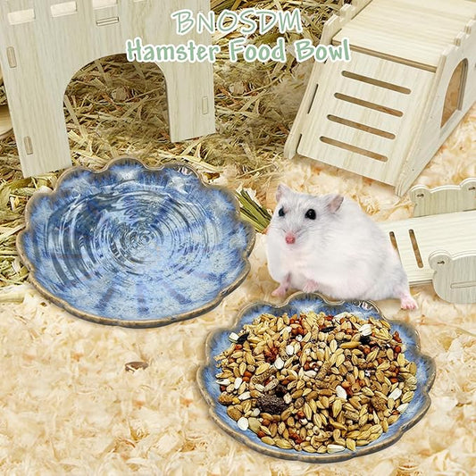 BNOSDM Shallow Ceramic Hamster Food Dish 2 Pcs Small Animals Food Bowl Sunflower Feeding Dishes for Gerbils Mice Rats 4.5in (Dark Blue)