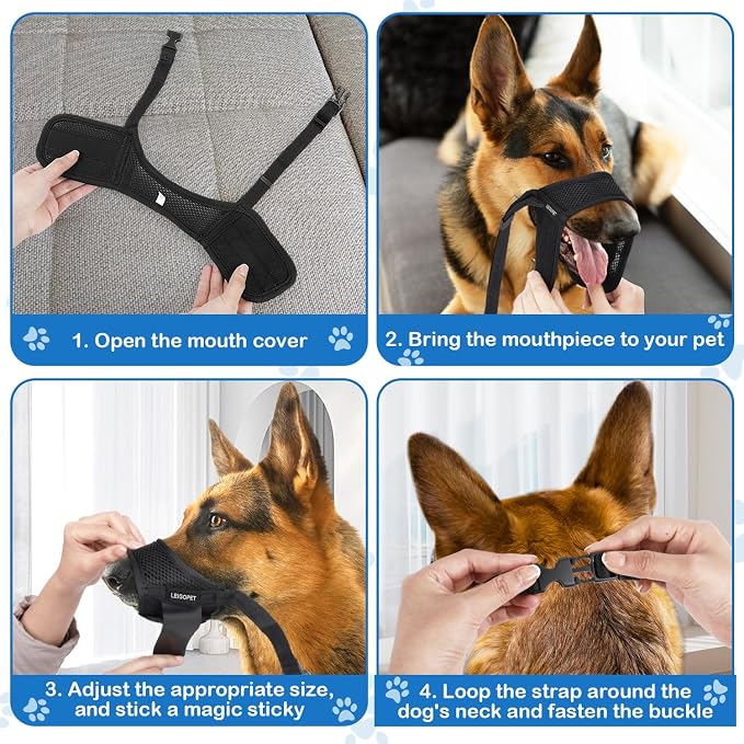Dog Muzzle, Soft Mesh Nylon Design with Adjustable Neck Strap, Allows Panting and Drinking, for Grooming, Walks, and Scavenging Prevention - Black, Large