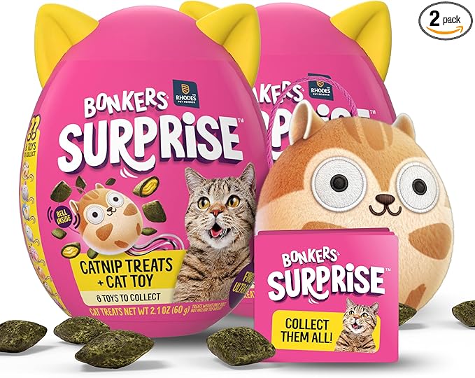 Bonkers Cat Surprise Catnip Flavor Cat Treats with Toy Surprise, 100g Egg Case with Blind Box Cat Toy (1 of 8 Collectible Toys) (Pack of 2)