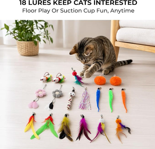 Feather Wand Teaser Cat Toys 18-Piece Simulation Toys for Indoor Cats, Cat Stuff Self-Holding Floor Base & Suction Cup, Bird Simulation Self Play Kitten Toys for Bored Adult Cats