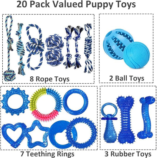 Puppy Chew Toys 20 Pack for Teething and Fun, Dog Toys for Small Puppies Bulk with Various Rubber Rings, Ropes and Balls for Interactive Play, Teeth Cleaning & Relief