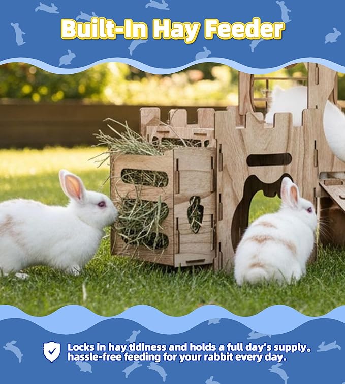 Larger Bunny Castle Sturdy Walnut Color Wooden Rabbit Hideout for Bunnies Guniea Pigs Ferrets Chinchillas Hamsters LXUS (Castle Ramp Feeder)