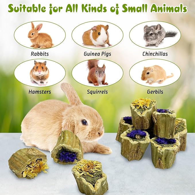 PINVNBY Rabbit Chew Toys Natural Papaya Wood Rabbit Treats with Alfalfa Hay and Dried Flower Guniea Pig Molar Snacks for Hamster Chinchilla Gerbil Small Animals Teeth Grinding (7.05 oz/200 g)