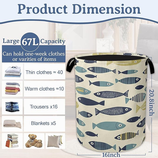 Cute Fish Laundry Basket,Foldable Oxford Cloth Boho Laundry Hamper with Handles, 20.8"x16" Tote Bag Clothes Storage Bucket for Laundry Room/Bathroom/Bedroom/Dormitories