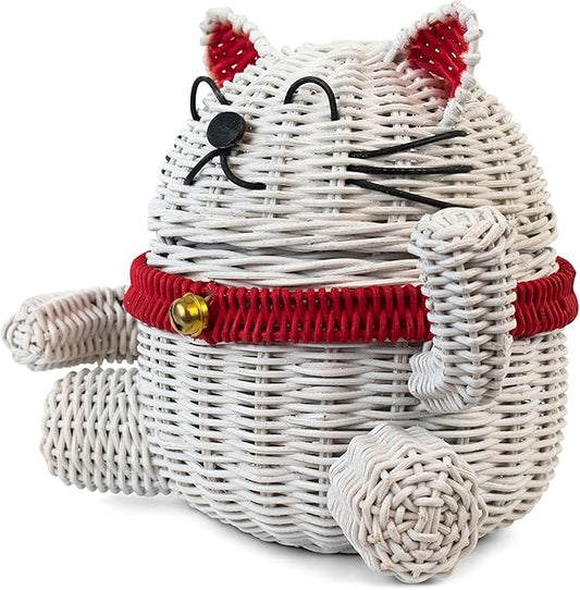 G6 Collection Lucky Cat Rattan Storage Basket With Lid Decorative Bin Home Decor Hand Woven Shelf Organizer Cute Handmade Handcrafted Nursery Gift Animal Art Decoration Artwork Lucky Cat