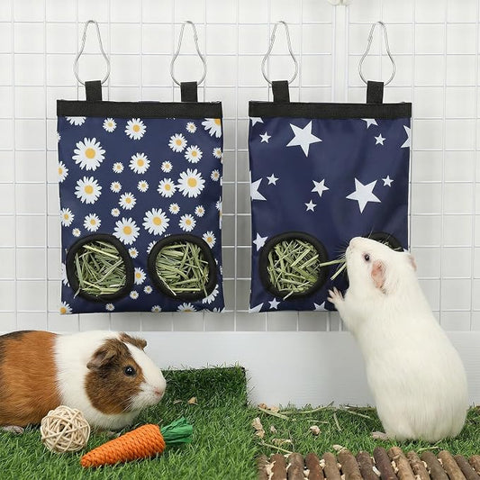 2Pcs Guinea Pig Hay Feeder, Hanging Rabbit Hay Feeder Durable Washable 2-Hole Hays Dispenser for Guinea Pigs Bunnies Chinchillas, Star+Daisy