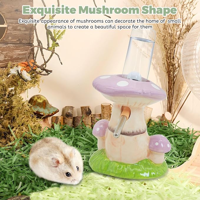PINVNBY Hamster Water Bottle No Drip Ceramic Automatic Gerbil Water Bottle 80ML Water Dispenser with Mushroom Stand Holder for Gerbils Syrian Hamsters Dwarf Hamsters Mice (Purple)