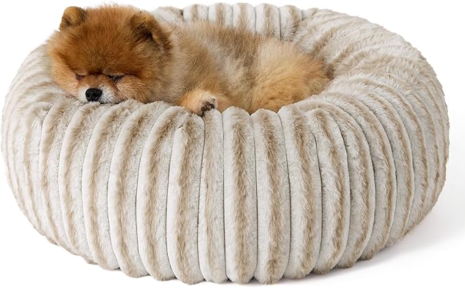 Bedsure ComfyFleece™ Donut Small Dog Bed - Dog Beds for Small Dogs with Corduroy Fleece & Anti Slip Bottom, Round Faux Fur Pet Beds with Washable Removable Cover, Amphora, 23x23x7 inches