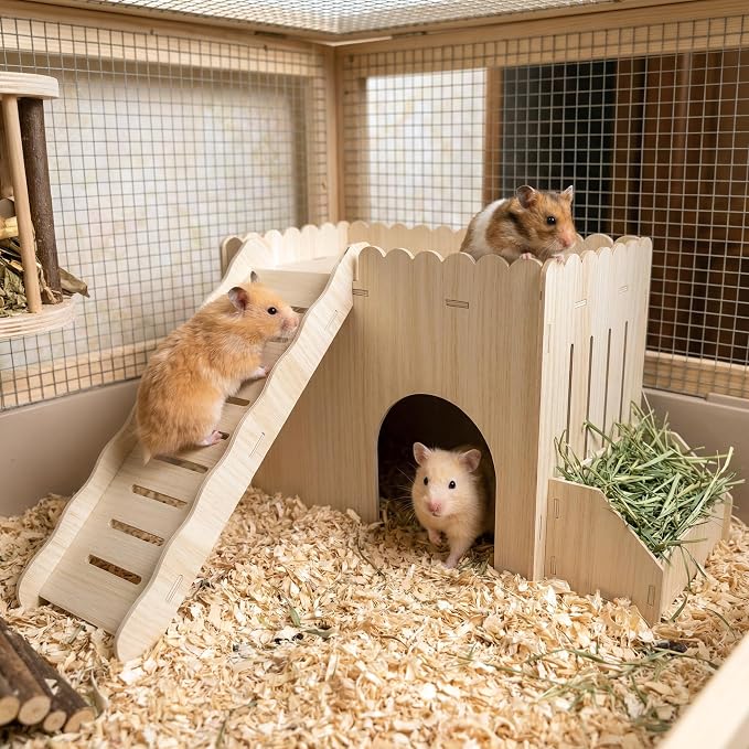 Extra Large Guinea Pig Hideout Wooden Bunny Climbing Toys Castle House with Ramp and Feeder, Enrichment Accessories for Rabbit, Chinchilla, Hamster, Hutch Cages for Small Animals