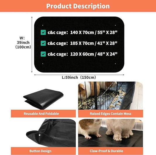 Waterproof Guinea Pig Cage Liner Mat 59x39 Inches - 100% PVC Waterproof Base for Rabbit Hutch C&C Cages Hamster Playpen, Snap Edges, Mess Containment, Extra Large Pet Floor Mat (Black)