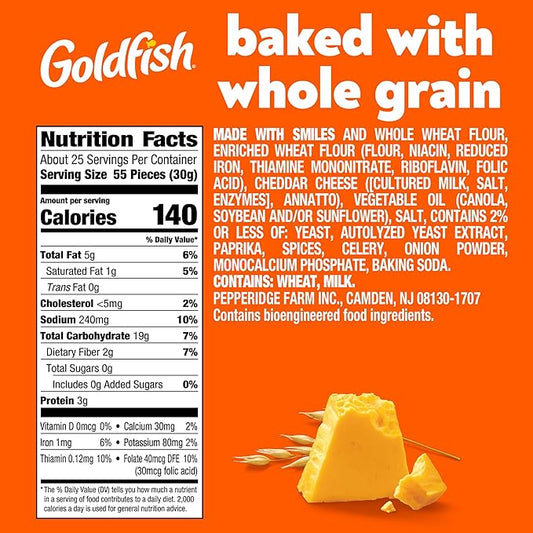 Goldfish Cheddar Cheese Crackers, Baked with Whole Grain, 27.3 oz Carton