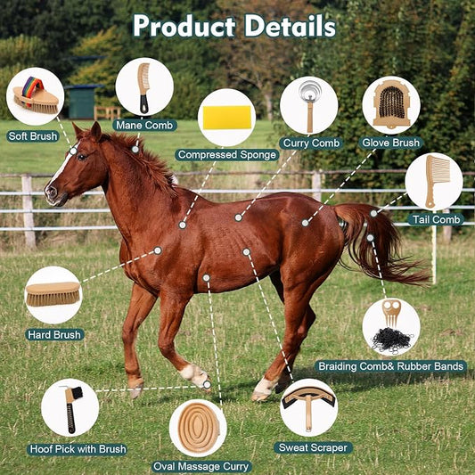 Horse Grooming Kit,13PCS Professional Horse Brushes for Grooming Care Supplies Set with Organizer Bag, Curry Comb, Hoof Pick, Horses Tack Brush Set for Effective Cleaning, Gift for Horse Riders