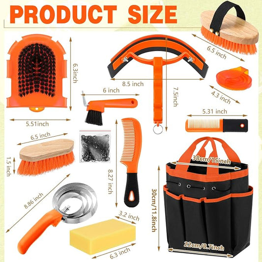 Abbylike 12 Piece Horse Grooming Kit with Organizer Tote Bag Brush Sets for Derby Day Show Horses Professional Tools for Care & Massage(Orange)