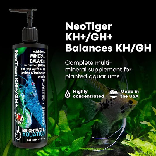 Brightwell Aquatics NeoTiger KH+/GH+ Mineral Supplement Balances Hardness in RO/DI Water with Calcium Magnesium Potassium Sodium for Shrimp Fish Planted Aquariums, 125 ml