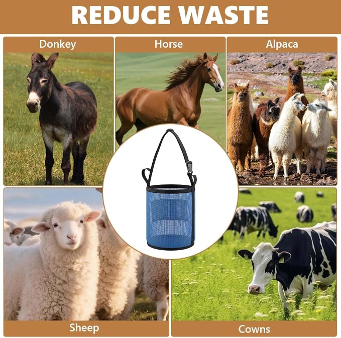 3 Pack Horse Feed Bag for Grain, Blue PVC Mesh Feed Bags for Horses with Adjustable Strap, Durable Feeder for Camping or Stable Use