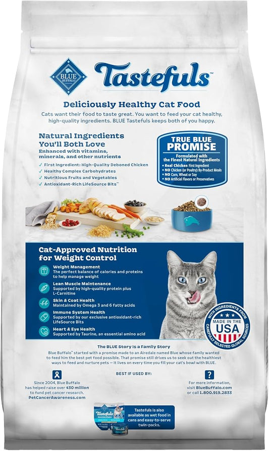 Blue Buffalo Tastefuls Adult Dry Cat Food for Weight Management, Made in the USA with Natural Ingredients, Chicken Recipe, 3-lb. Resealable Bag