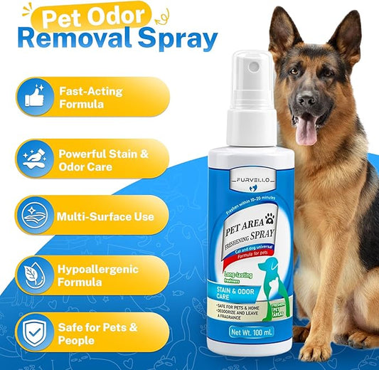 2 in 1 Pet Odor Eliminator Spray & Stain Remover for Dogs & Cats, Enzymatic Cleaner for Dog Urine and Cat Pee, Pet Spray Deodorizer, Portable Pet Odor Remover for Instant Cleanups Anywhere, 3.38 FL OZ
