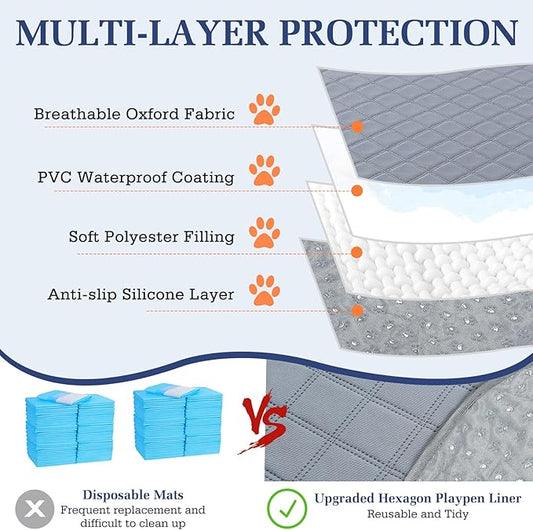 2-in-1 Small Animals Playpen with Pad, Waterproof Small Pet Cage Tent with Reusable Pad, Portable Outdoor Yard Fence with 3 Metal Rod for Chick/Kitten/Puppy/Guinea Pig/Rabbits/Chinchillas, Black+Gray