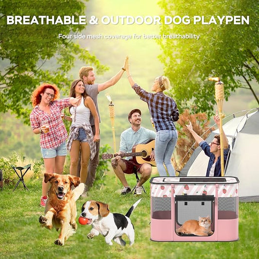 Dog and CAT pop Play Pen,Pets Houses for Dogs and Cats,Indoor&Outdoor Exercise Pen Dog Tent Puppy Playground Large (L, Pink)