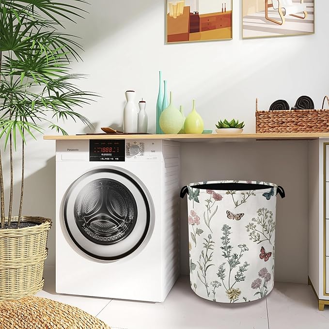 Wildflowers Butterfly Laundry Basket,Herb Plants Oxford Cloth Laundry Hamper with Handle Foldable Portable Clothes Storage Basket for Bathroom Bedroom Dorm Room 16" x 20.8"