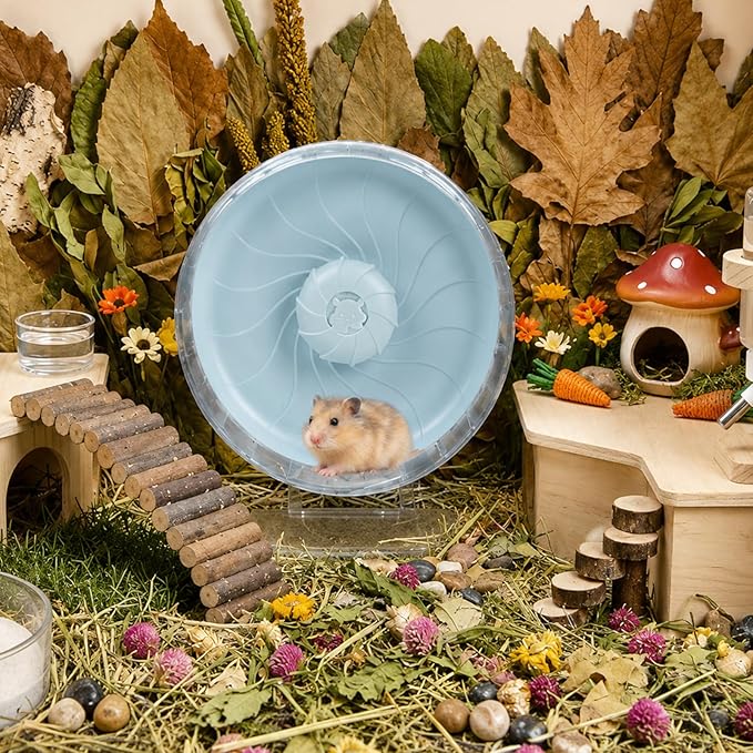Silent Hamster Wheel, 8in Hamster Wheel with Adjustable Stand, Double-Bearing Quiet Spinner for Syrian Hamsters, Hedgehogs, Mice & Small Pets, Blue