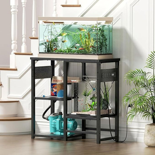 GRLEAF 5-10 Gallon Fish Tank Stand with Power Outlets, 4 Tier Metal Aquarium Stand with Wood Storage Shelves, 20.3" L x 10.6" W x 30.3" H Turtle Reptile Fish Tank Table Aquarium Table - Black