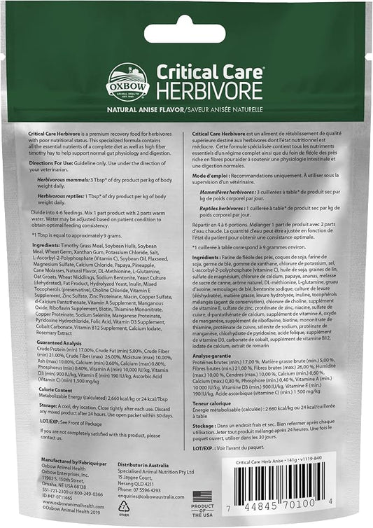 Oxbow Critical Care Herbivore, Emergency Guinea Pig Food, Rabbit Food for Recovery, Made with Timothy Hay, Anise Flavor, Critical Care for Guinea Pig Emergency Kit, 141 gram bag