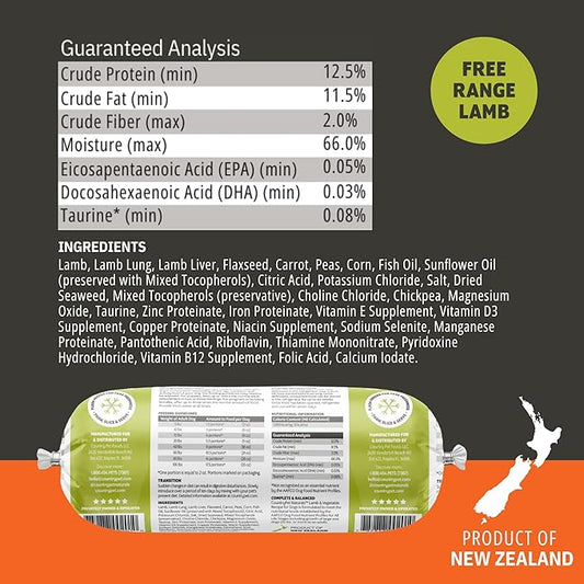 New Zealand Lamb & Veggie Frozen Fresh Dog Food, High-Protein 91% Grass-Fed Free-Range Meat, Gently Cooked, Grain-Free, Omega-3s, 8 Rolls (12 lb Case)
