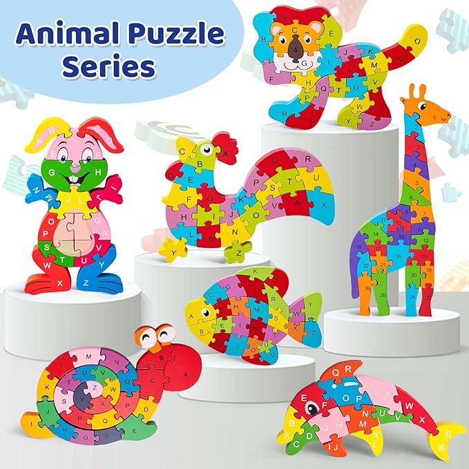 LovesTown Wooden Puzzles for Kids, Double Sided Snail Jigsaw with Alphabet & Numbers, Montessori Educational Toy for Toddlers, Chunky Animal Gift