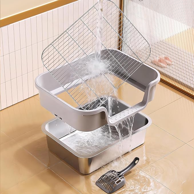 Stainless Steel Rabbit Litter Box with Safety Grid, Large Sifting Bunny Litter Pan for Small Animals, Guinea Pig, Ferret, Easy to Clean, Anti-Urine Leakage Metal Pet Toilet (16.9" × 13.4" × 6.7")