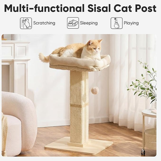 FUKUMARU Cat Scratching Post, Modern Style Tall Scratch Posts with Perch for Infoor Cats Adults, Large Cat Scratcher Tower with Bed, Small Tree with Raised Stand, Natural Sisal & Solid Wood