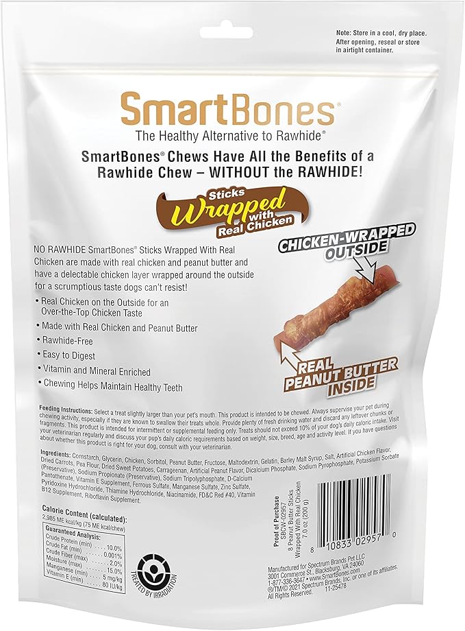 SmartBones Chicken-Wrapped Sticks, Treat Your Dog to a Rawhide-Free Chew Made with Real Chicken and Peanut Butter, 7 Ounce (Pack of 2)