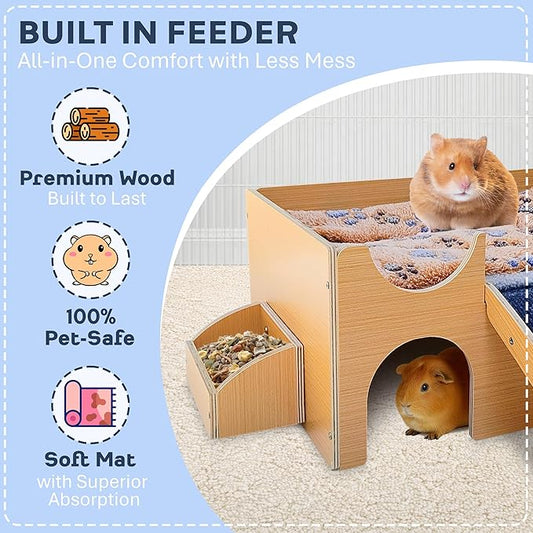 Guinea Pig Wooden Hideout with Built-in Feeder, Screw-Assembled Natural Wood Castle with Absorbent Fleece Mat, Ramp & Accessories, Cozy Safe Hideaway for Small Pets to Rest, Play & Explore
