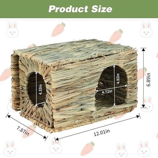 BWOGUE Large Bunny Grass House Natural Seagrass Bed Hideaway Toy Rabbit Hideout Hay Mat Chew Toys Guinea Pig Comfortable Hut for Bunny Hamster Chinchilla Small Animals