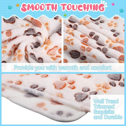Tatuo 4 Pack Fleece Dog Blankets for Puppy Cats Multi-Size Sleep Mat for Pet Guinea Pig Soft Washable Warm Crate Bed Puppy Teething Toys Print Pattern Blanket Indoor(White,24 x 16 Inch,Paw)