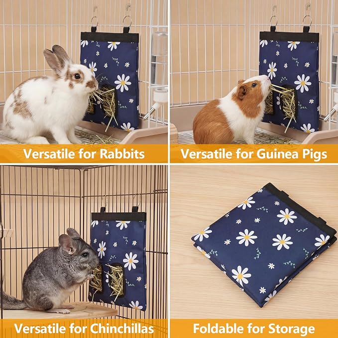 Ondware Rabbits Hay Feeder Bag for Bunny - Hanging Washable Dual-Port Hay Dispenser for Rabbits, Guinea Pigs; 600D Oxford Fabric, Collapsible, Blue Daisy Pattern
