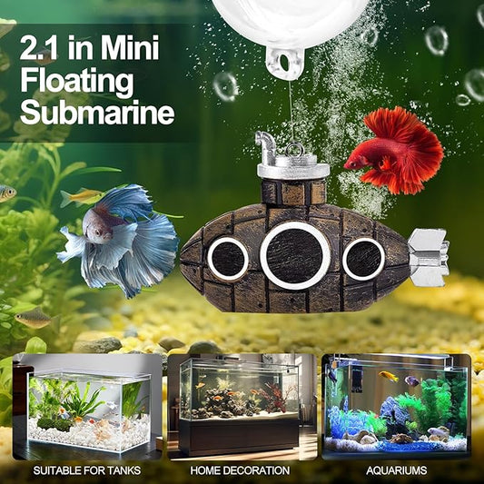 CousDUoBe 2.1 in Mini Floating Submarine Fish Tank Decoration Set,Cute Retro Submarine Set and Floating Diver,Aquarium Decorations Resinous Betta Fish Tank Accessories