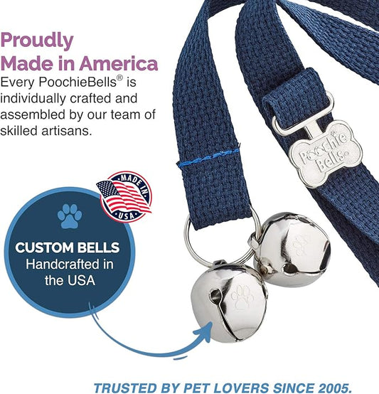PoochieBells Dog Door Bells for Potty Training, Quick & Easy Puppy Potty Training Method Included, Handcrafted in USA with Loud, Paw-Safe Bells, Durable Cotton Webbing - Navy