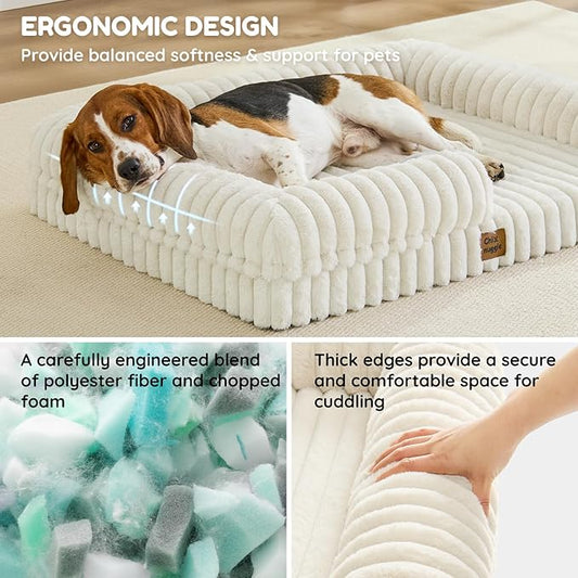 ChiXnuggle Orthopedic Dog Bed with Bolster Sides for Sleeping, Fluffy Plush Rectangular Dog Bed Large Sized Dog, Luxury Striped Faux Fur Waterproof Dog Couch with Removable Washable Cover, Cream