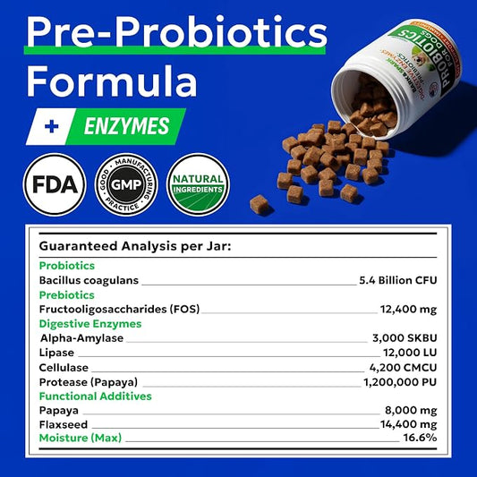 BARK&SPARK Dog Probiotics 180 Chews for Digestive Health w/Enzymes & Fiber - Diarrhea Gas Treatment Upset Stomach Relief - Allergy & Itchy Skin - Pet Probiotics for Dogs