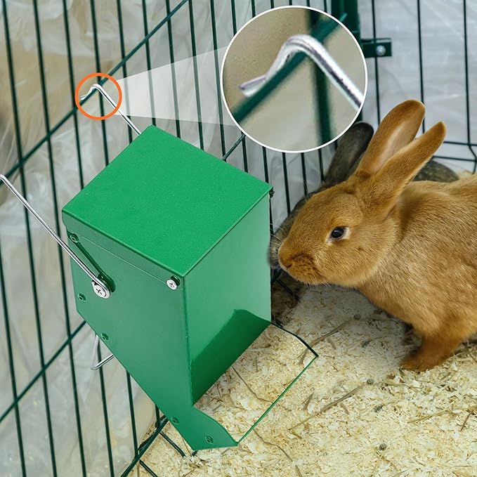 Maxcheck 2 Pcs Rabbit Feeder for Cages Small Animal Food Pellet Dispenser with Lid Metal Chicken Grit Oyster Shell Squirrel Feeders Outside(3.2 Inches,Mesh Bottom,Green)
