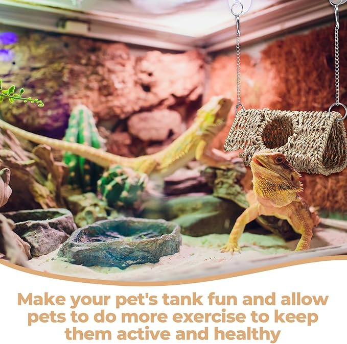 CroBlissful Reptile Hide Cave Hollow Cave Hideout with 2 Pcs Suction Cup and Chain Gecko Hide Reptile Tank Decor Seagrass Fiber Climbing Toy for Lizard Snake Hermit Crab(Triangle,Pale Yellow)