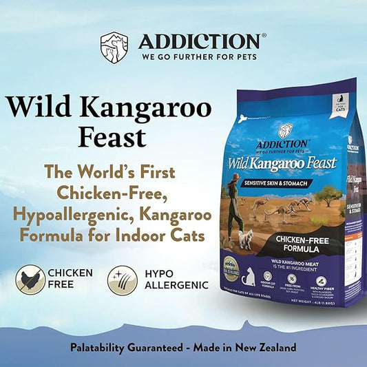 Addiction Wild Kangaroo Feast Dry Cat Food – Limited Ingredients, Novel Protein for Cats with Sensitive Skin & Stomach – Chicken Free & Grain-Free - Made in New Zealand 4lb